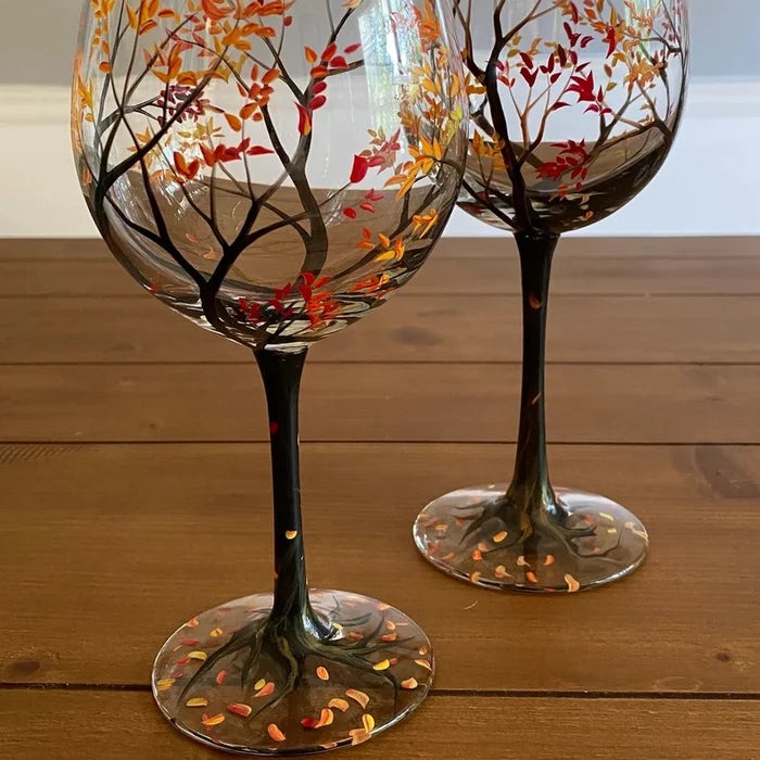 Vier Jahreszeiten Baum Weingläser - Hand gemalt Kunst