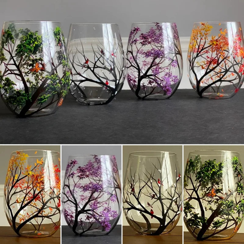 Vier Jahreszeiten Baum Weingläser - Hand gemalt Kunst