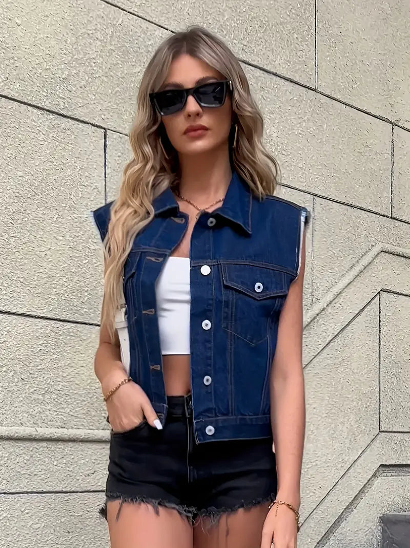 Mari™ - Blaue ärmellose vielseitige Denim-Jacke