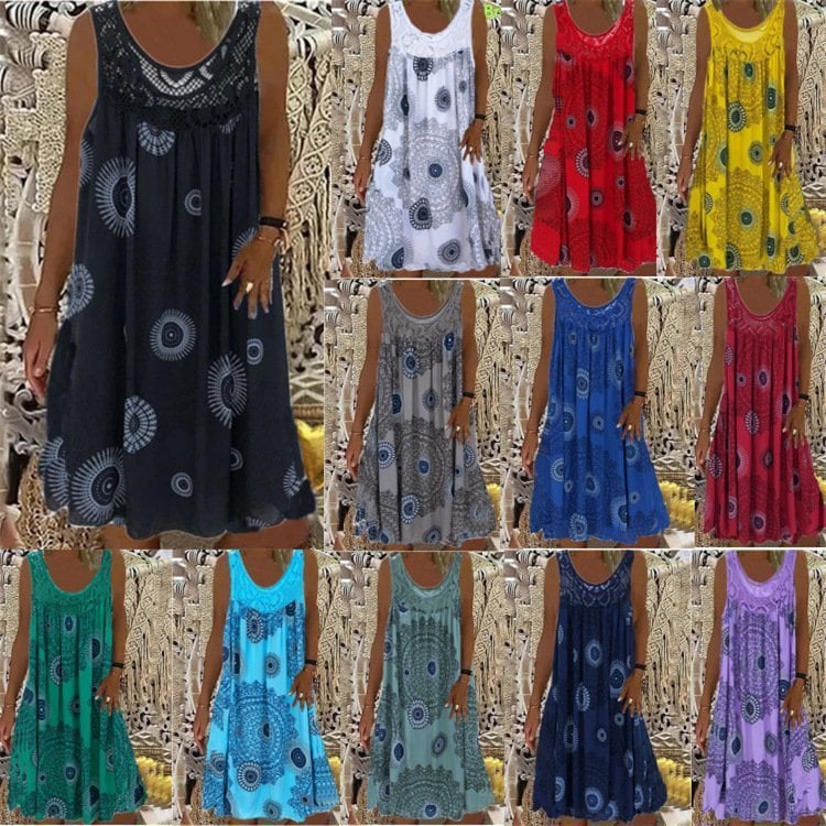 Frauen Sommer O-Ausschnitt ärmelloses Print Kleid