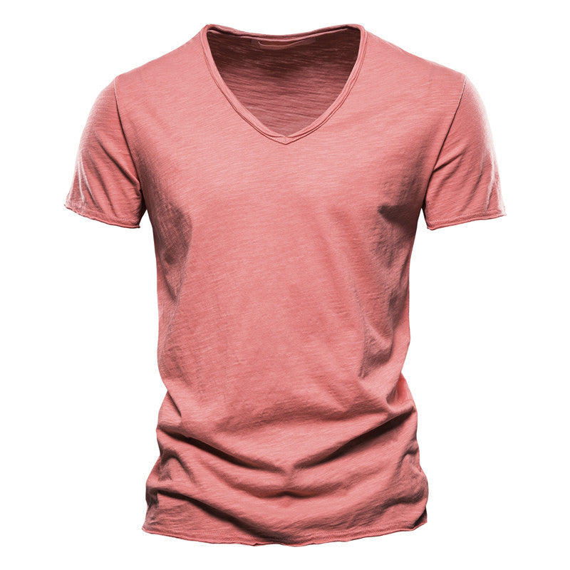 Einfarbiges T-Shirt aus Slub-Baumwolle mit V-Ausschnitt