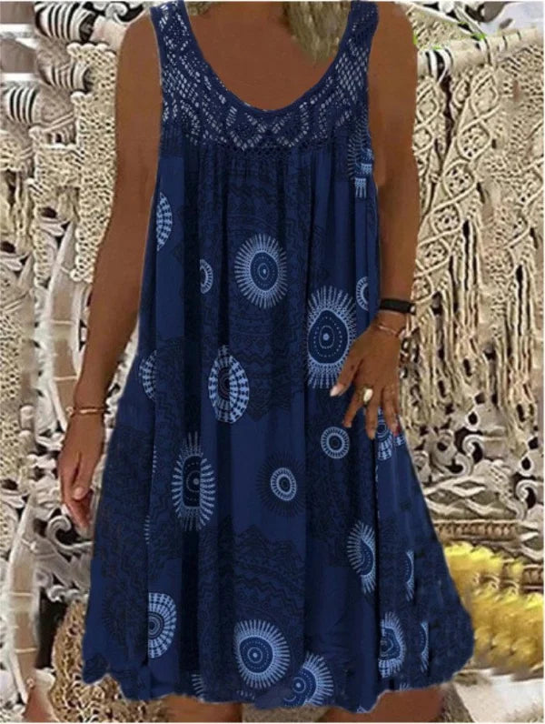 Frauen Sommer O-Ausschnitt ärmelloses Print Kleid