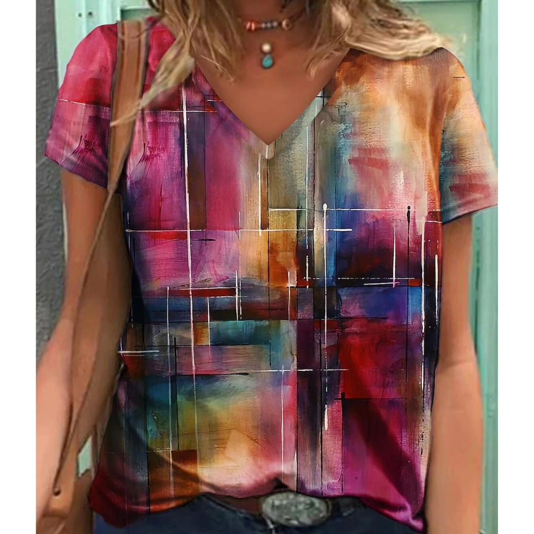 Abstraktes geometrisches T-Shirt mit V-Ausschnitt