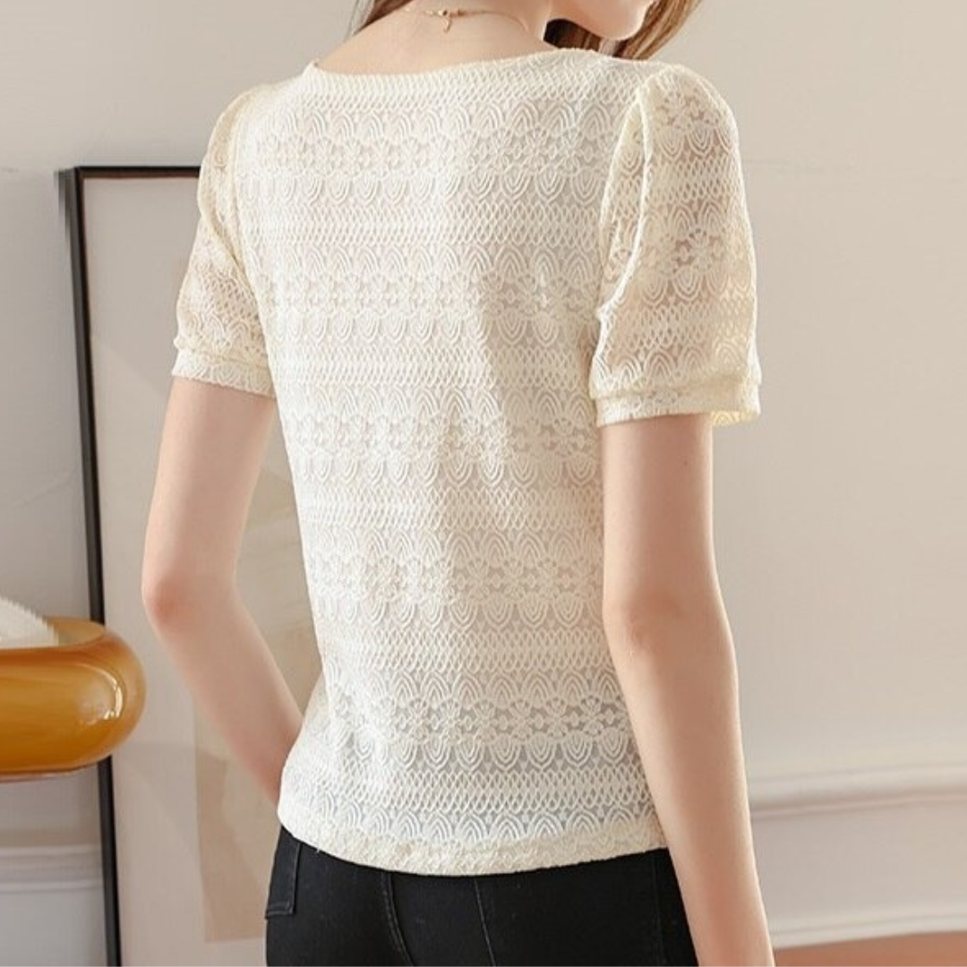 Jacquard-Spitze T-Shirt mit O-Ausschnitt