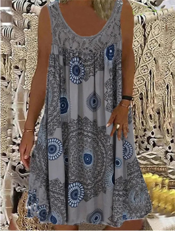 Frauen Sommer O-Ausschnitt ärmelloses Print Kleid
