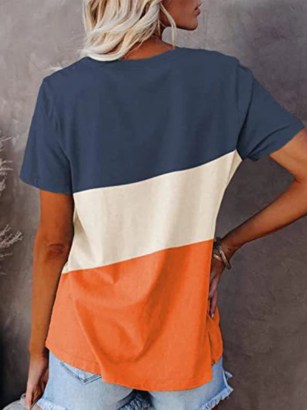 Farbblock T-Shirt mit Rundhalsausschnitt und kurzen Ärmeln